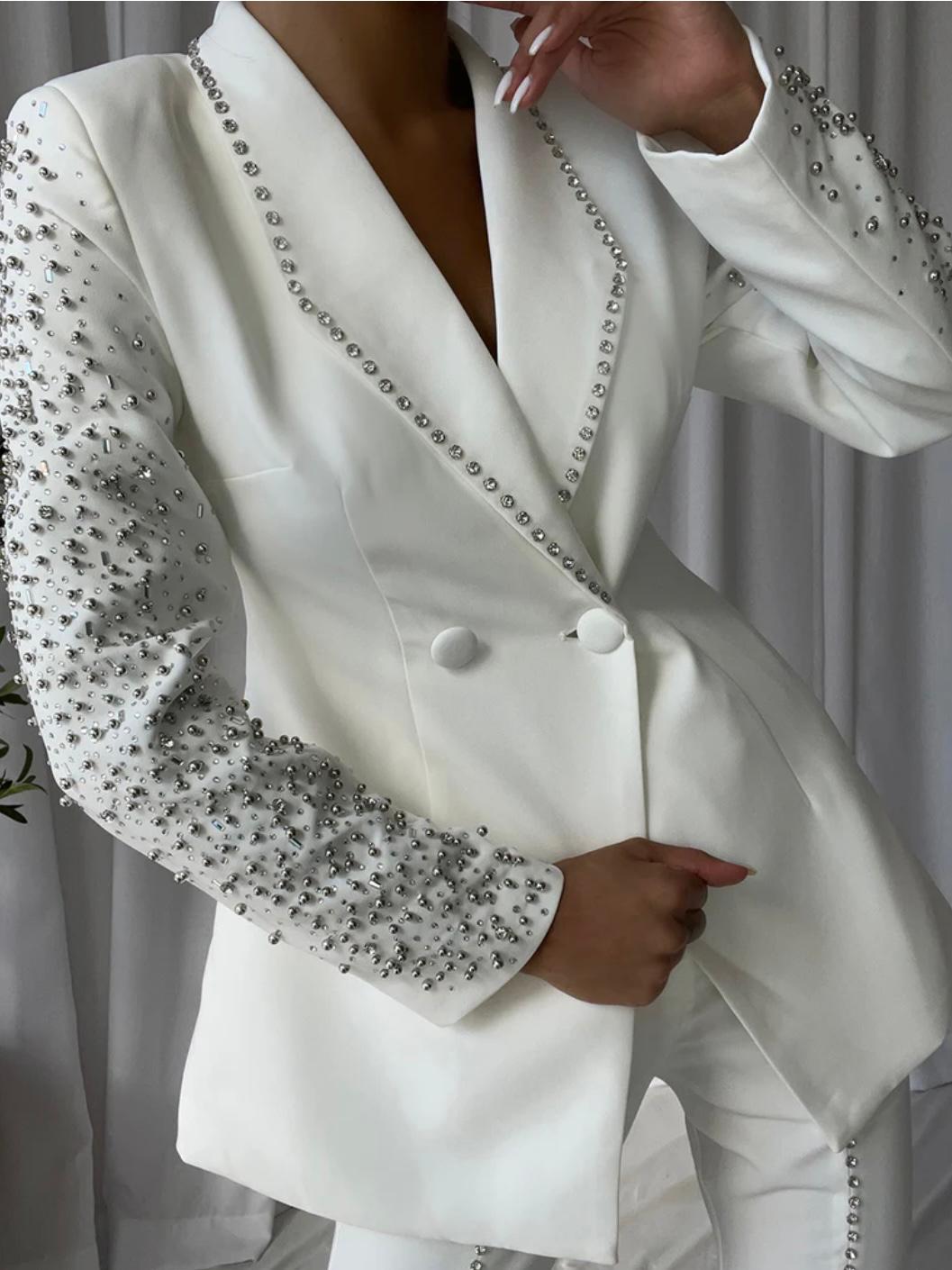 White Two-Piece Set Blazer Pant Slit