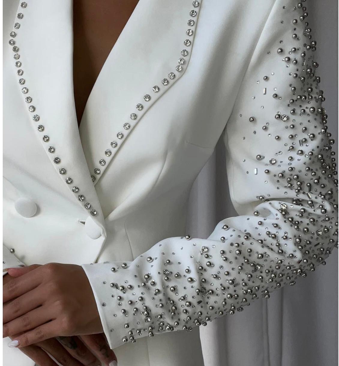 White Two-Piece Set Blazer Pant Slit
