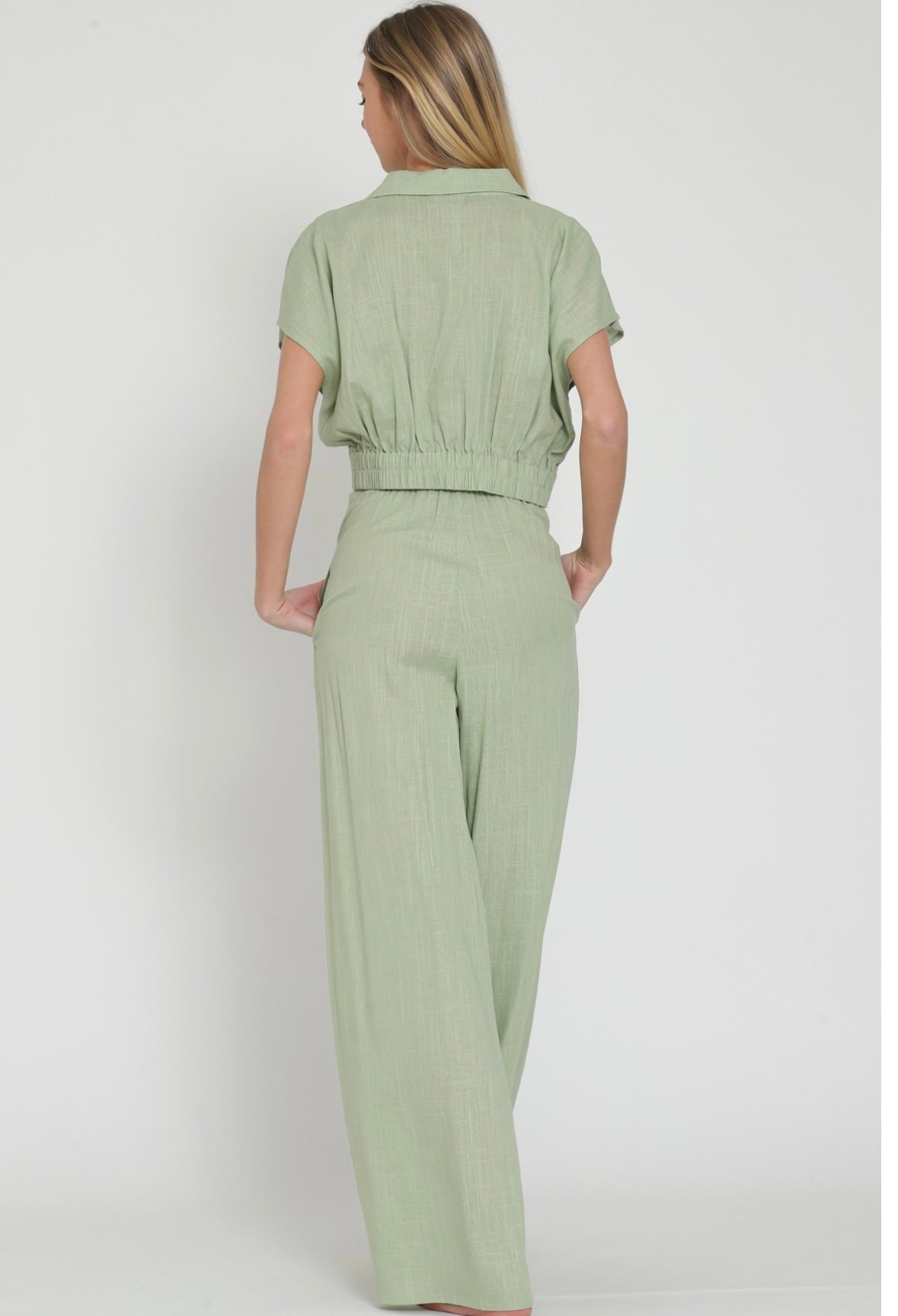 Surplice Linen Top & High Waisted Long Pants Set