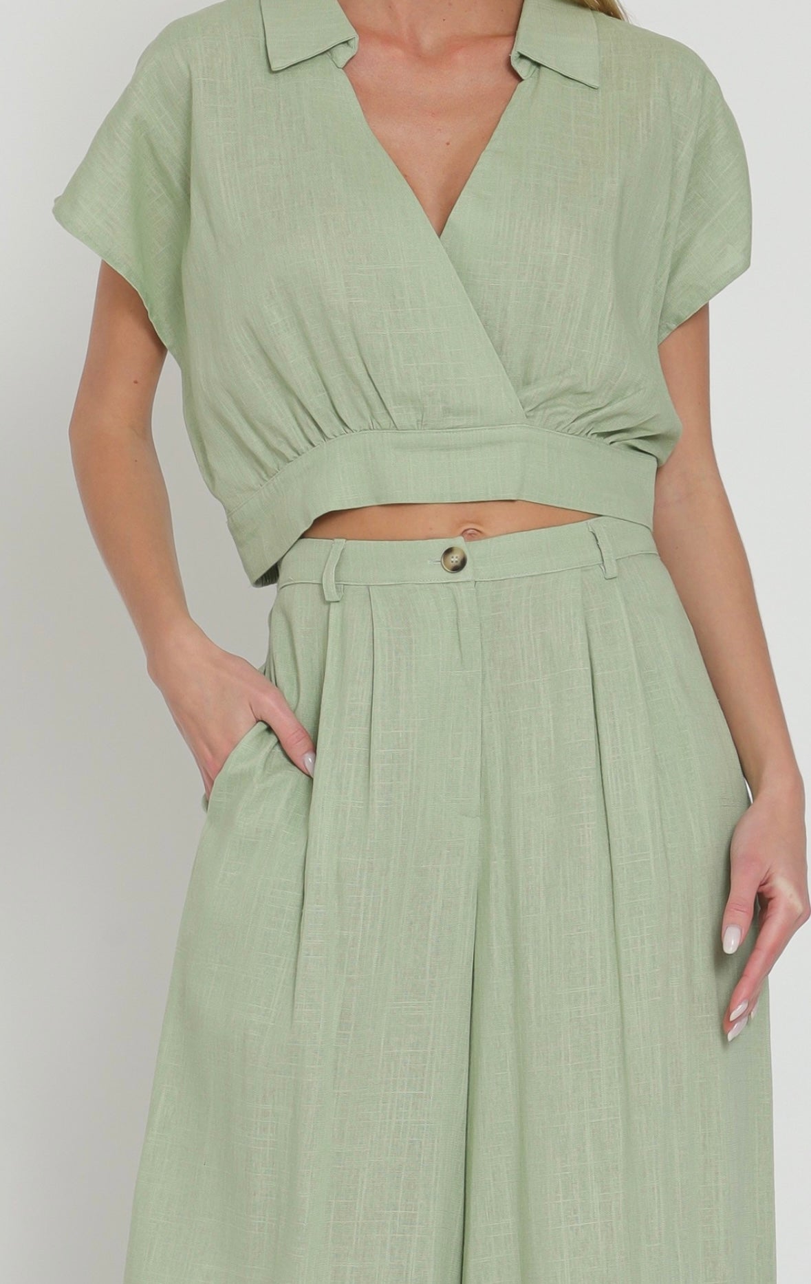 Surplice Linen Top & High Waisted Long Pants Set