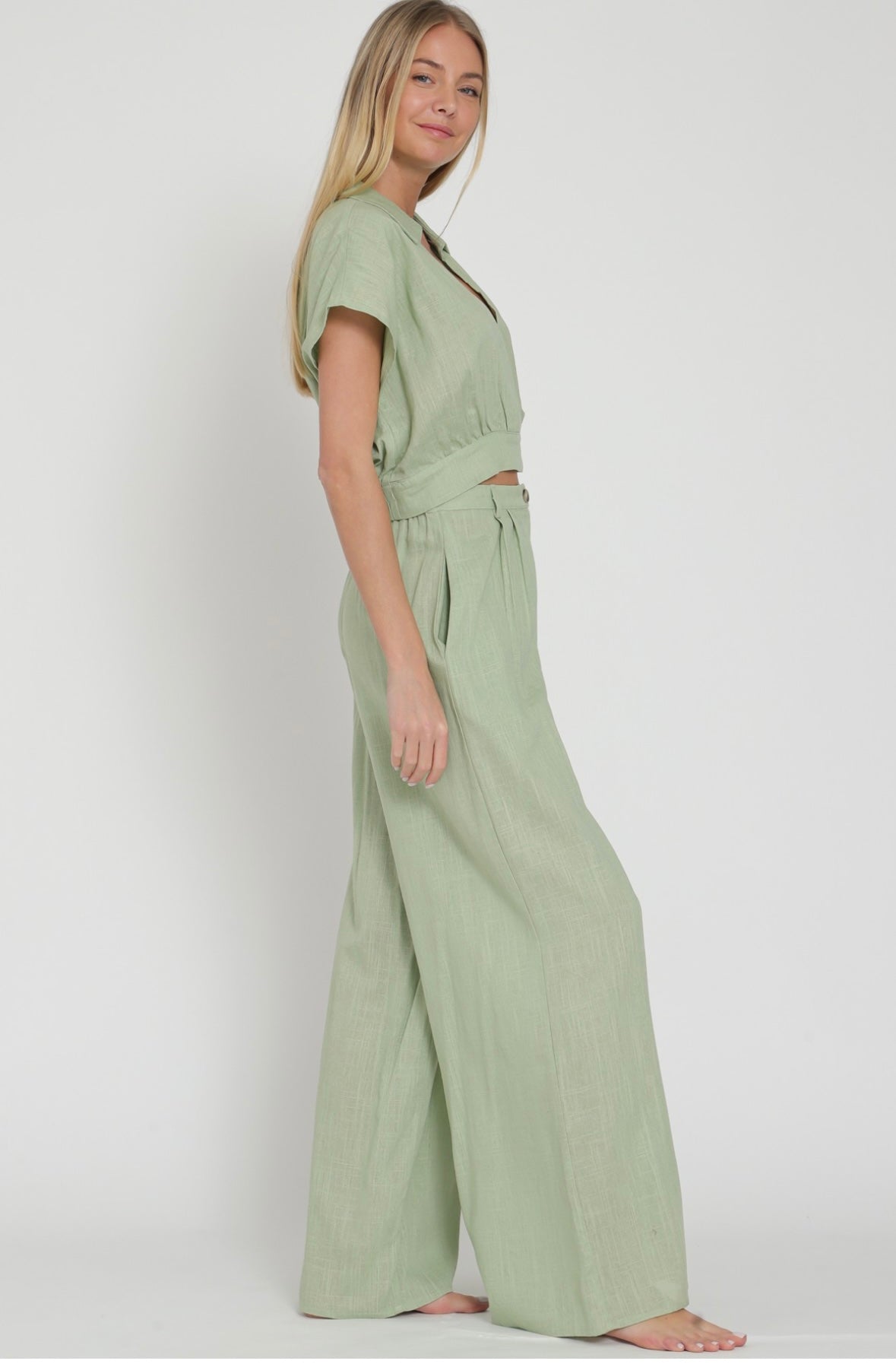 Surplice Linen Top & High Waisted Long Pants Set