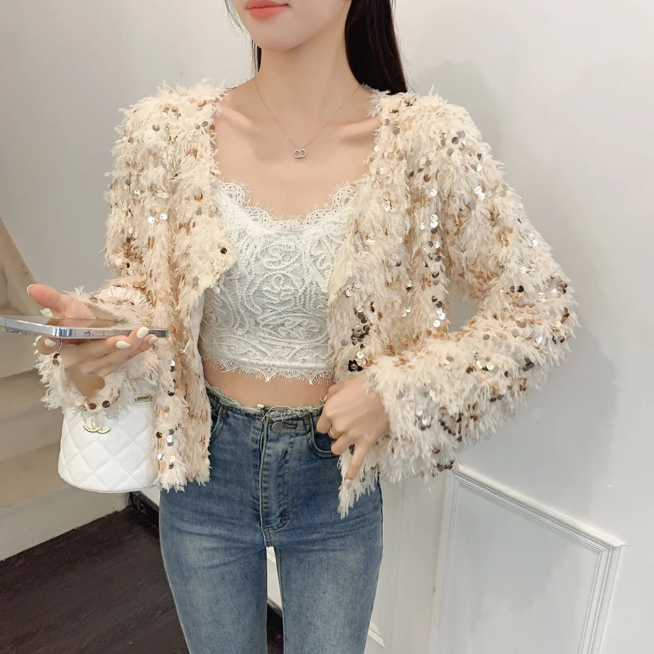 Feather Sequin Jacket Sand / Gold