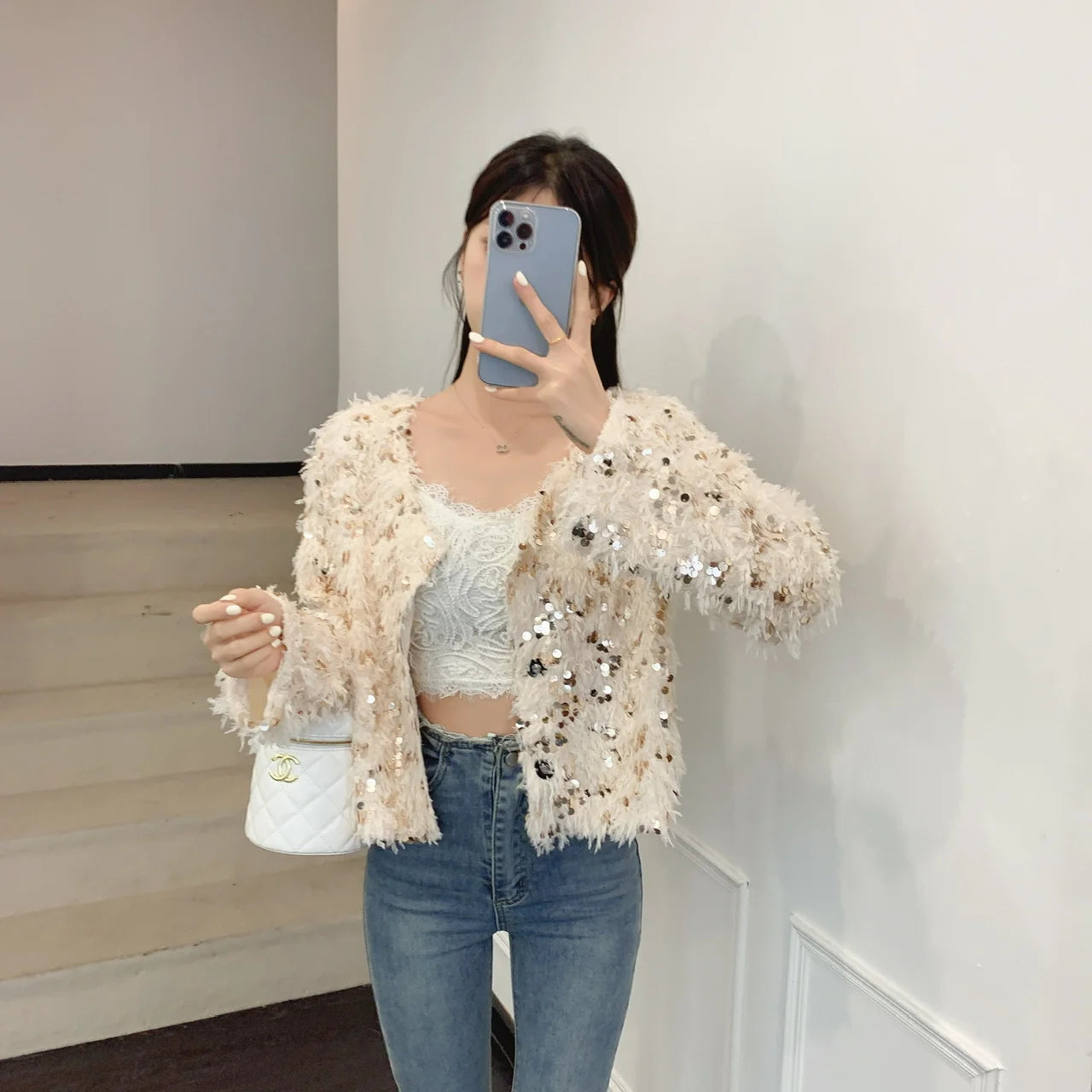 Feather Sequin Jacket Sand / Gold