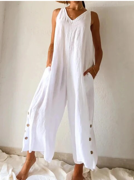 Diana Linen Jumpsuit With Side buttons Sleeveless