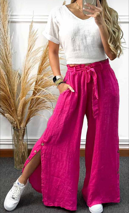 Linen Wide Leg Pants With Side Buttons