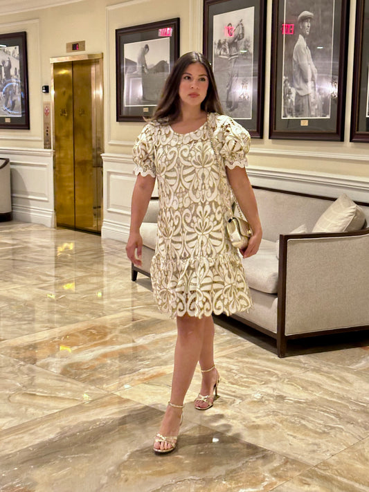 Elegant Knee Length Gold White Dress