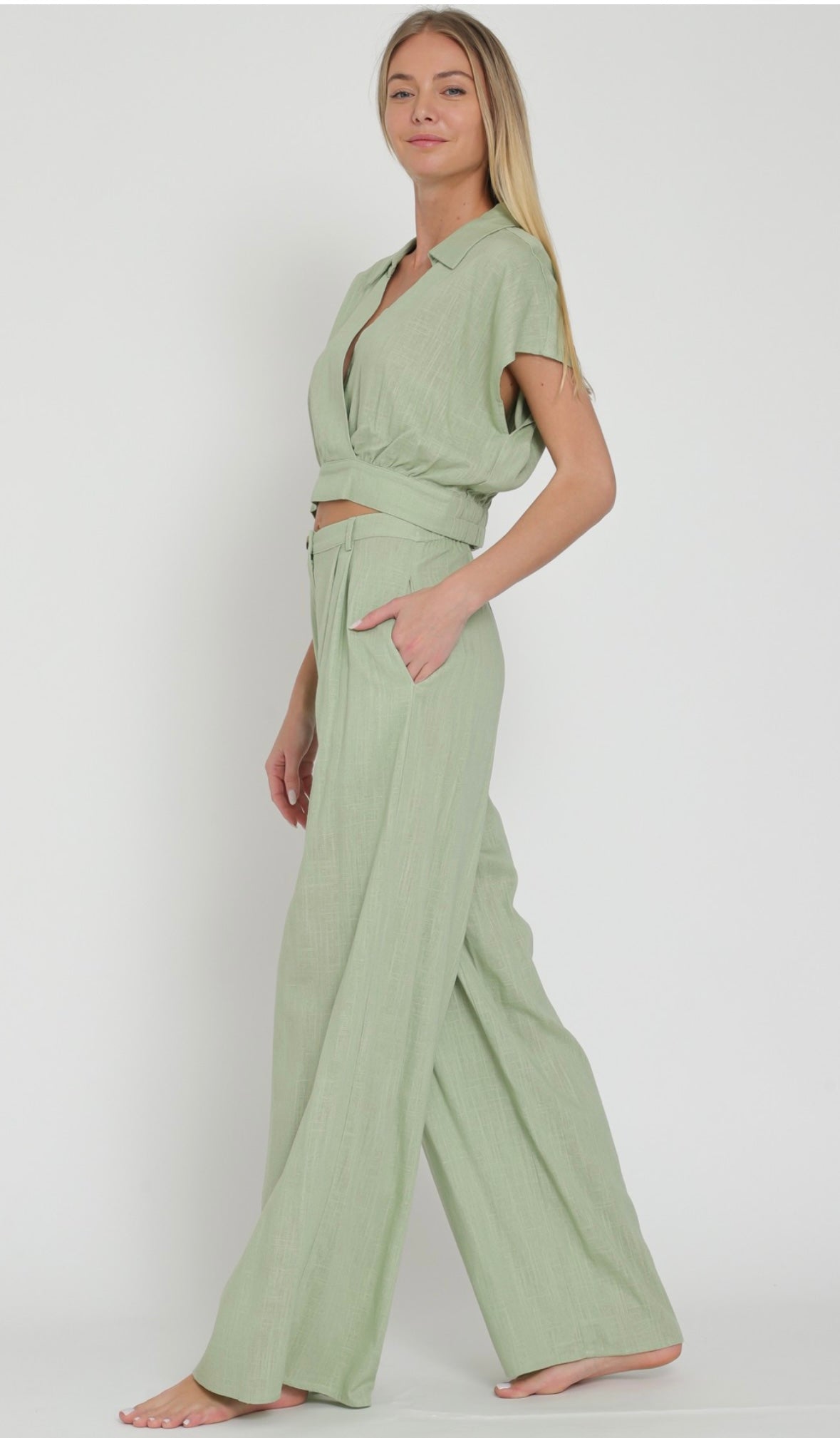 Surplice Linen Top & High Waisted Long Pants Set