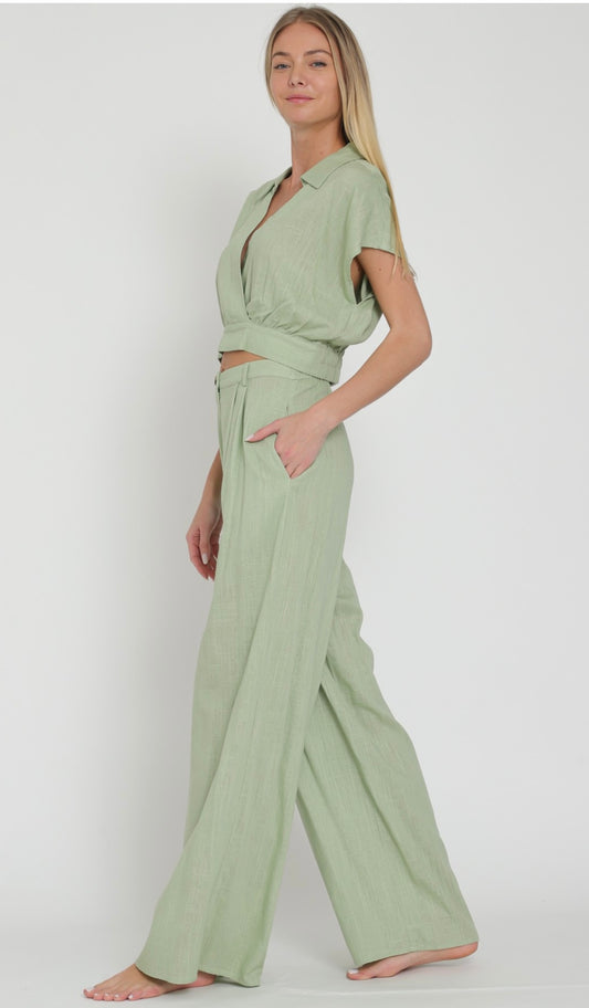 Surplice Linen Top & High Waisted Long Pants Set