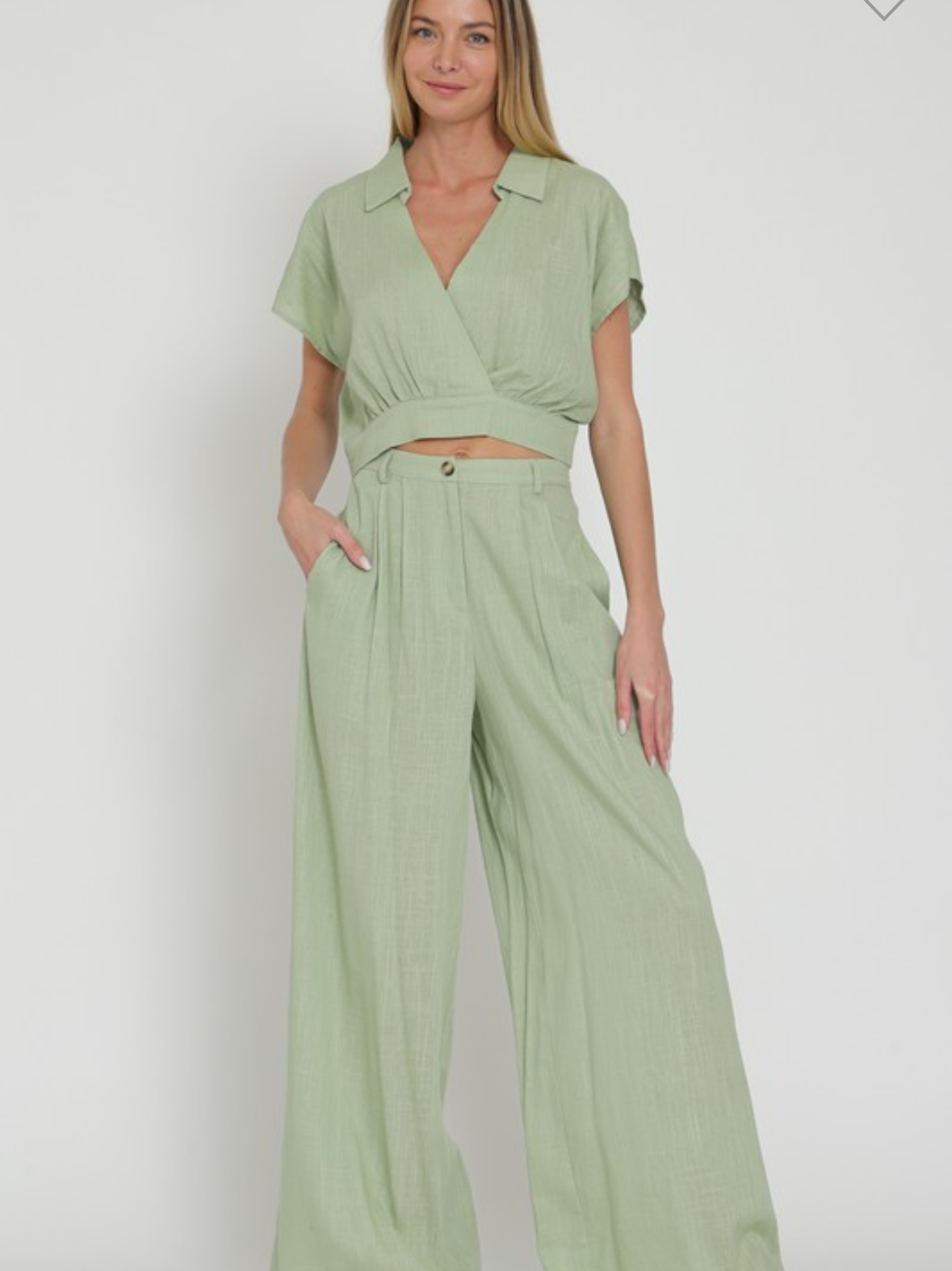 Surplice Linen Top & High Waisted Long Pants Set