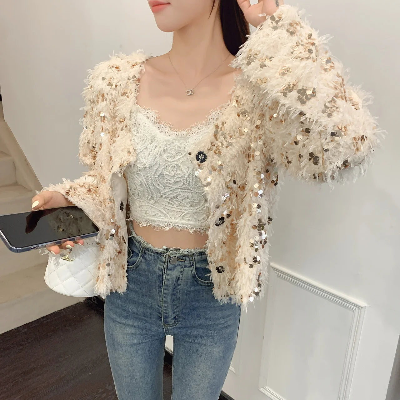 Feather Sequin Jacket Sand / Gold