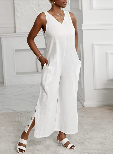 Diana Linen Jumpsuit With Side buttons Sleeveless